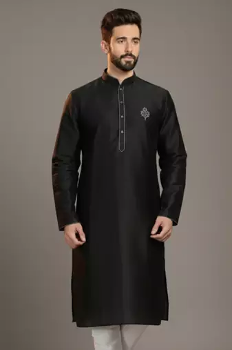 Black dupion silk embroidered kurta