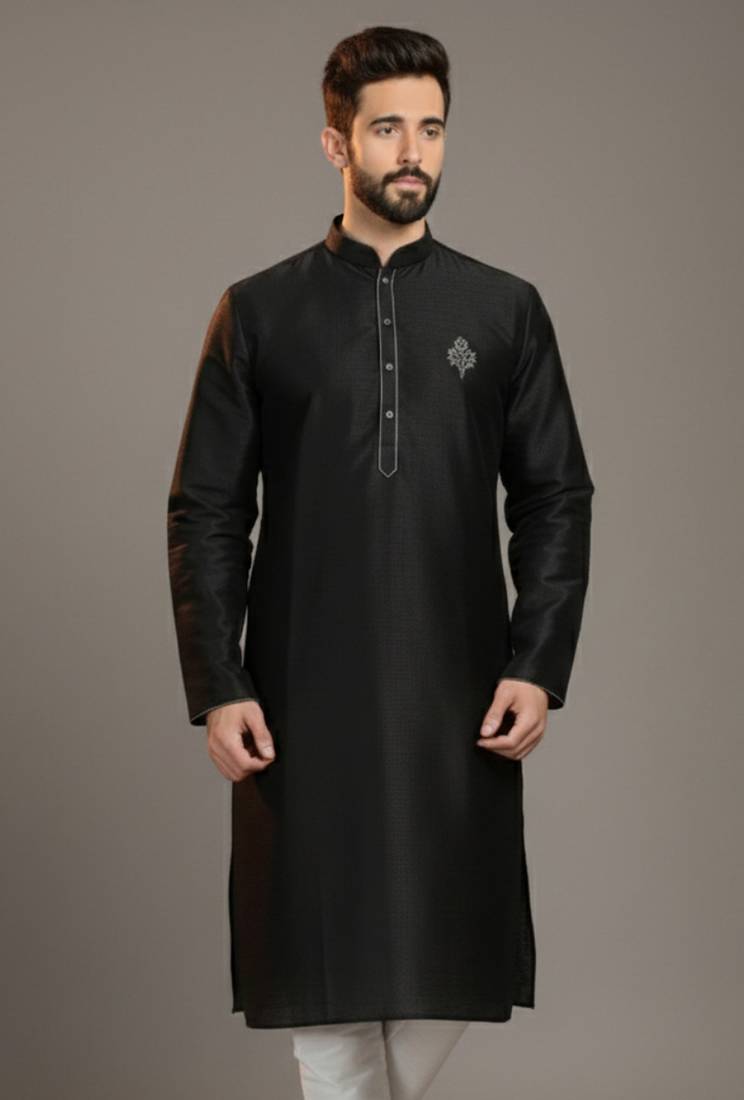 Black dupion silk embroidered kurta