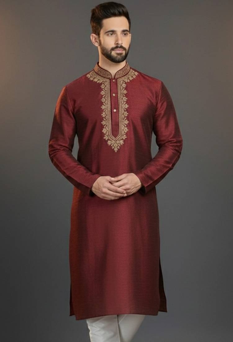 Maroon dupion silk embroidered kurta