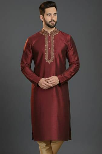 Maroon dupion silk embroidered kurta