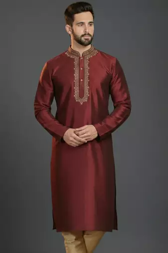 Maroon dupion silk embroidered kurta