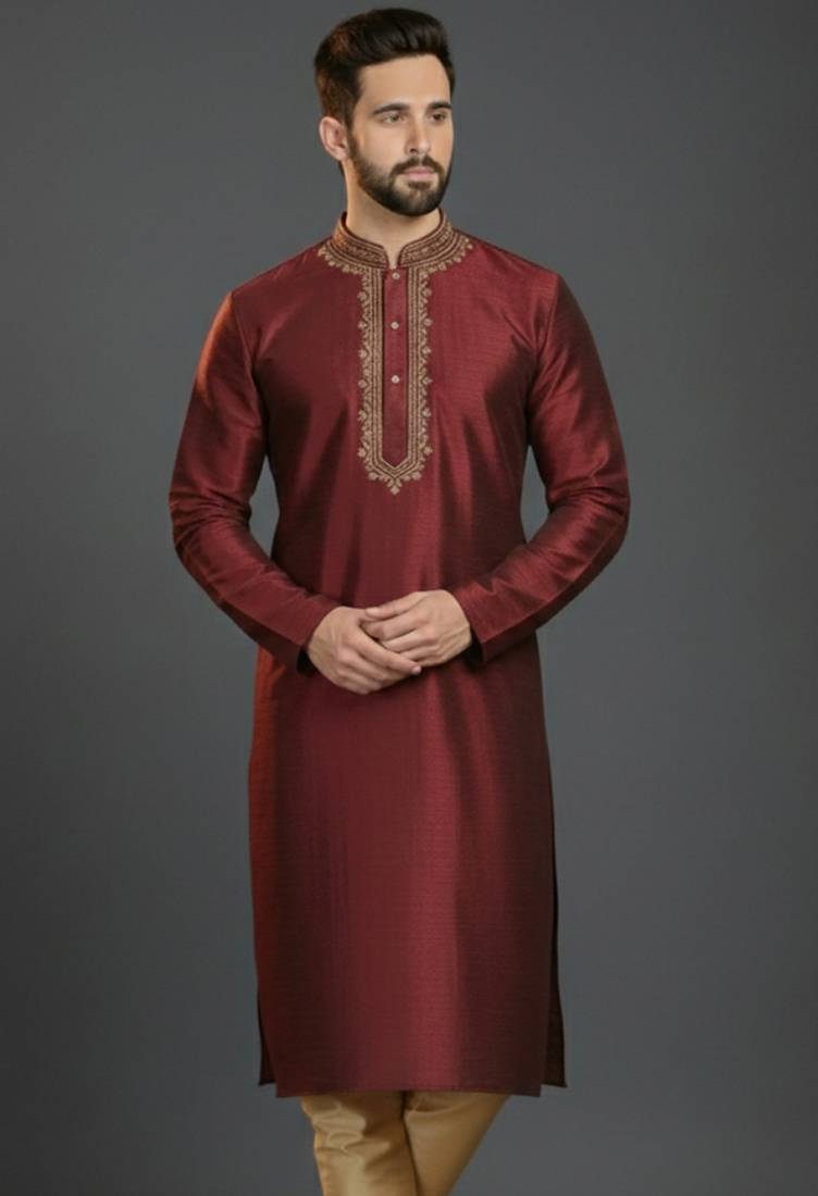 Maroon dupion silk embroidered kurta