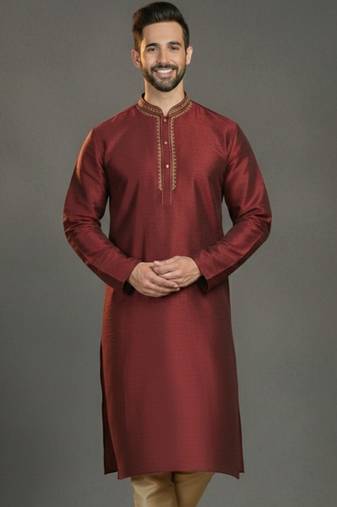 Maroon dupion silk embroidered kurta