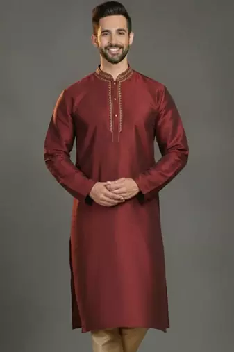 Maroon dupion silk embroidered kurta