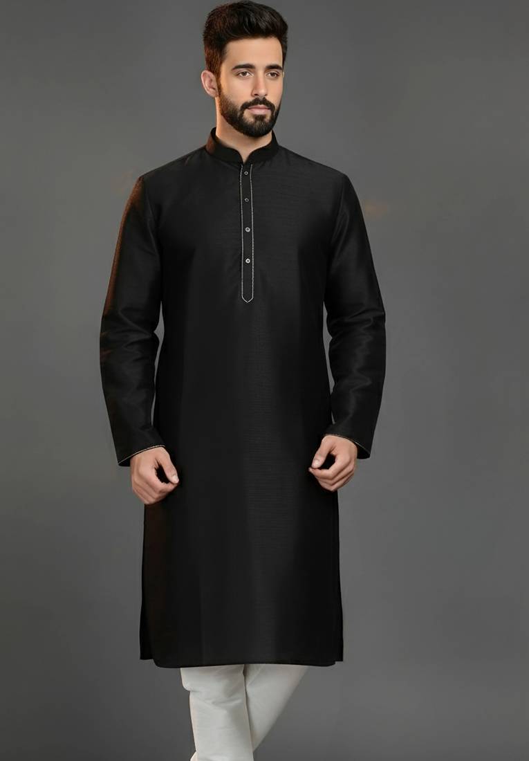 Black dupion silk embroidered kurta
