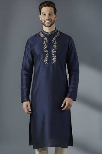 Navy dupion silk embroidered kurta