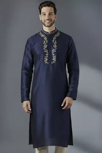 Navy dupion silk embroidered kurta