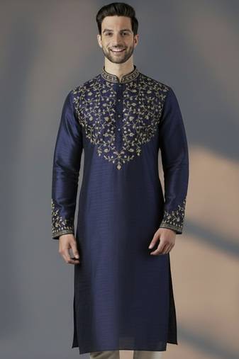 Navy dupion silk embroidered kurta