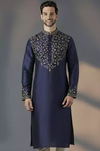 Navy dupion silk embroidered kurta