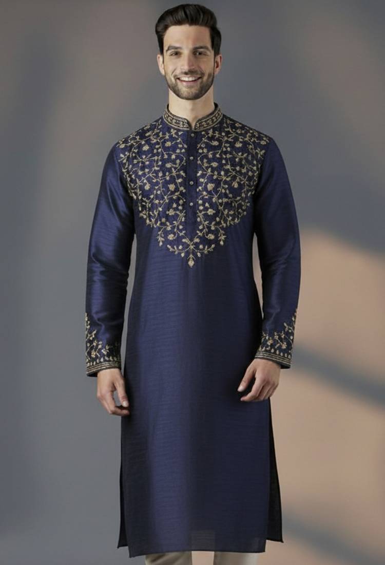 Navy dupion silk embroidered kurta