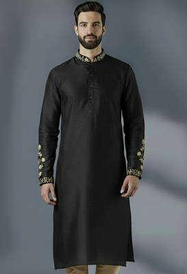 Black dupion silk embroidered kurta 1