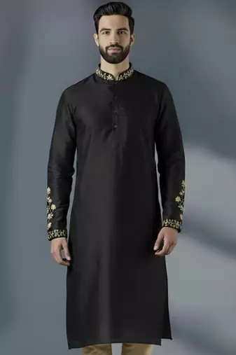 Black dupion silk embroidered kurta