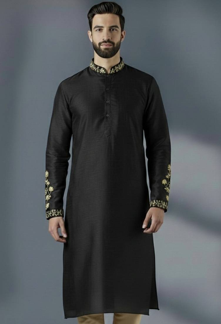 Black dupion silk embroidered kurta