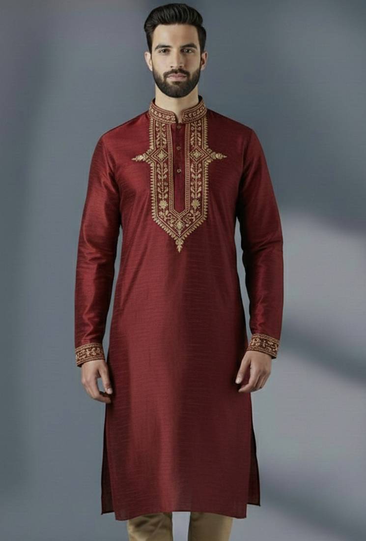 Maroon dupion silk embroidered kurta