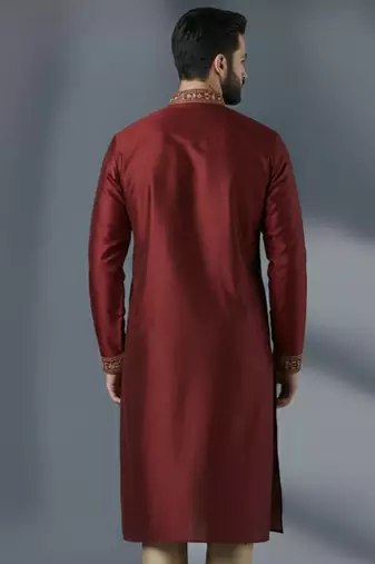 Maroon dupion silk embroidered kurta