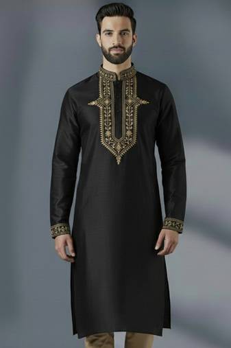 Black dupion silk embroidered kurta