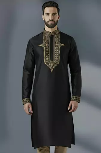 Black dupion silk embroidered kurta