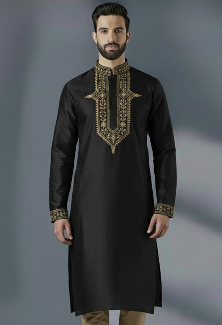 Black dupion silk embroidered kurta