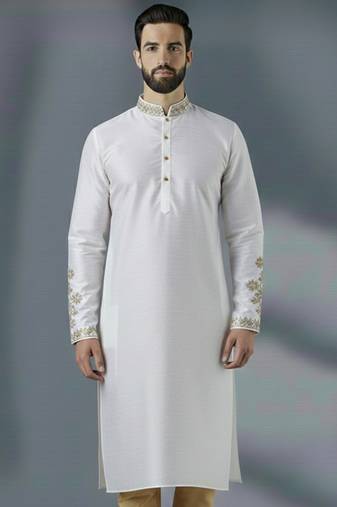White  dupion silk embroidered kurta