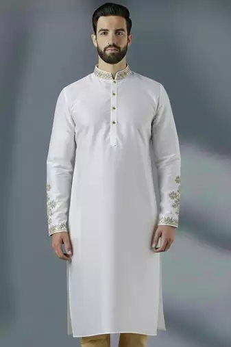 White  dupion silk embroidered kurta