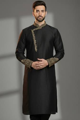 Black dupion silk embroidered kurta