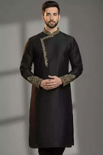 Black dupion silk embroidered kurta