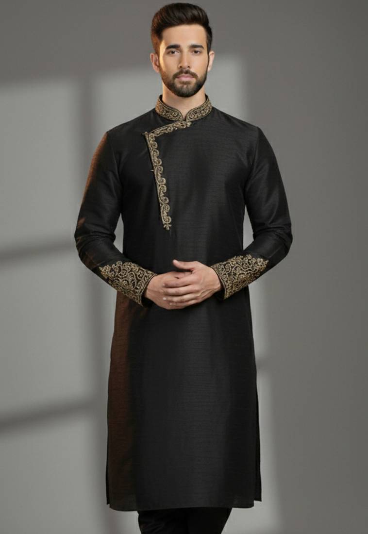 Black dupion silk embroidered kurta