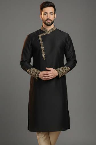 Black dupion silk embroidered kurta