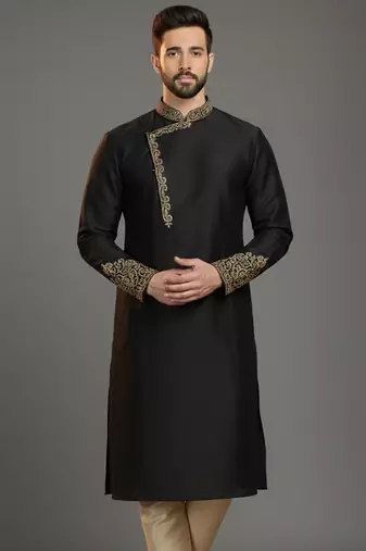 Black dupion silk embroidered kurta