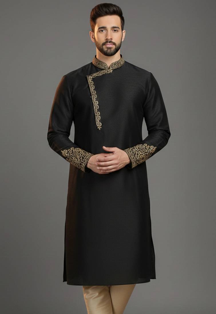 Black dupion silk embroidered kurta