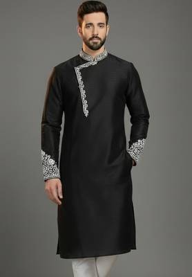 Black dupion silk embroidered kurta 1