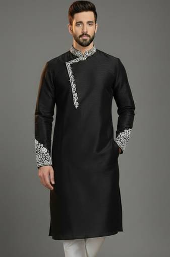 Black dupion silk embroidered kurta