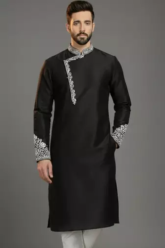 Black dupion silk embroidered kurta