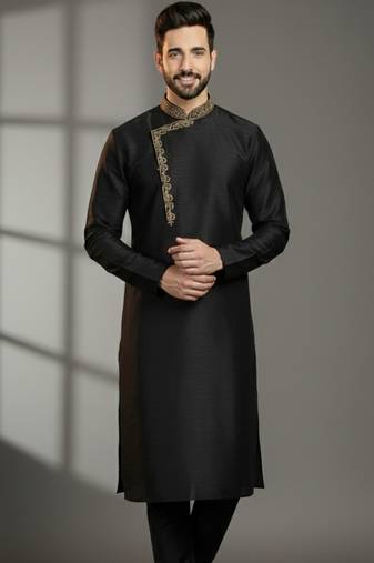 Black  dupion silk embroidered kurta