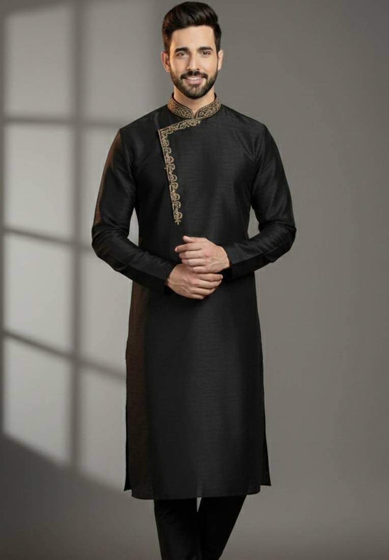Black  dupion silk embroidered kurta