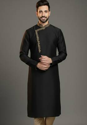 Black dupion silk embroidered kurta 1