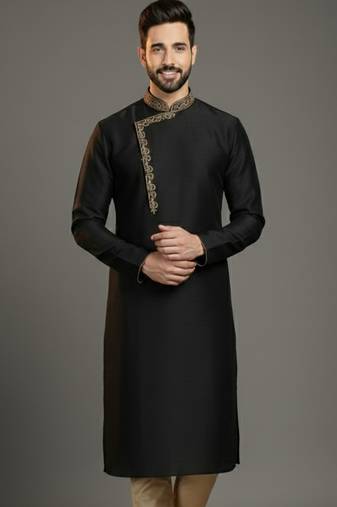 Black dupion silk embroidered kurta