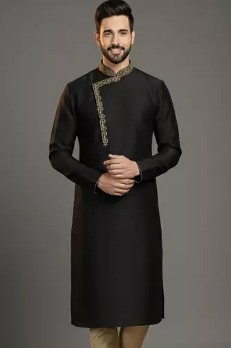 Black dupion silk embroidered kurta