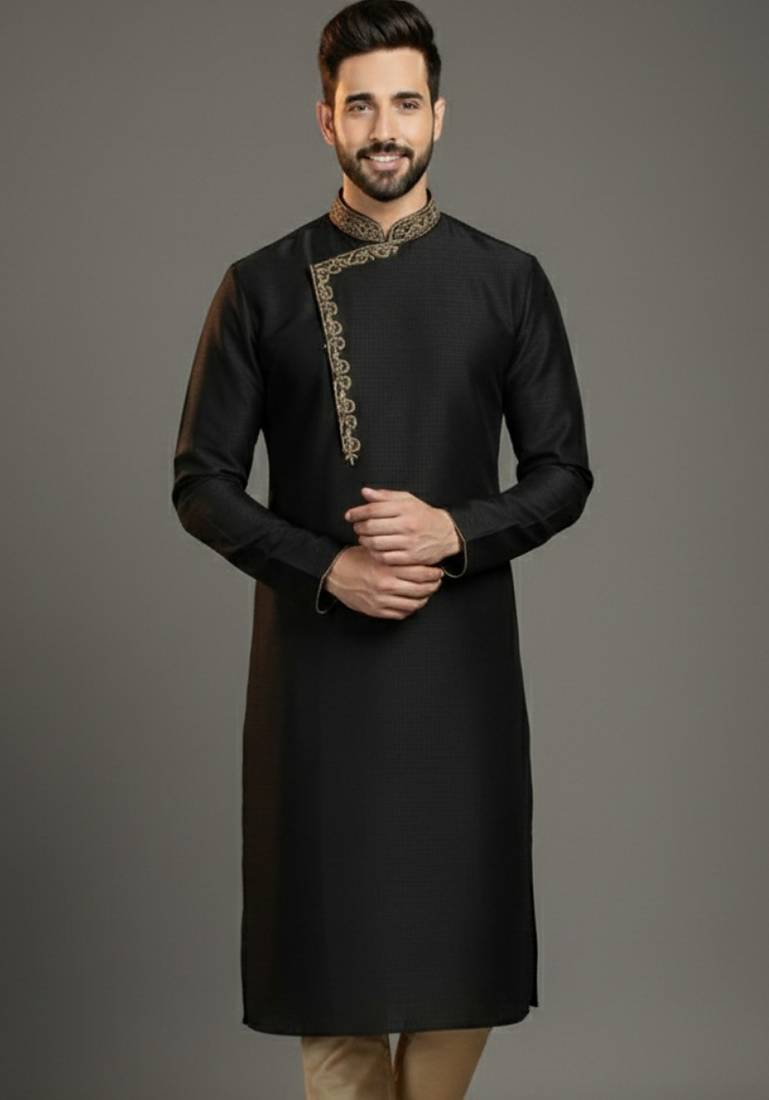 Black dupion silk embroidered kurta