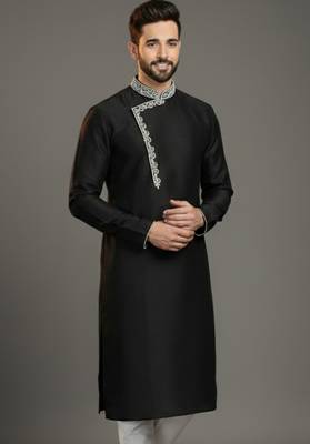Black dupion silk embroidered kurta 1