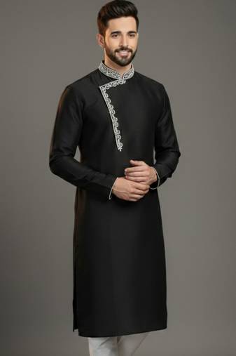 Black dupion silk embroidered kurta
