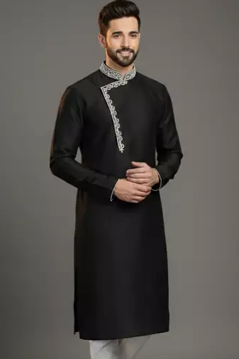 Black dupion silk embroidered kurta
