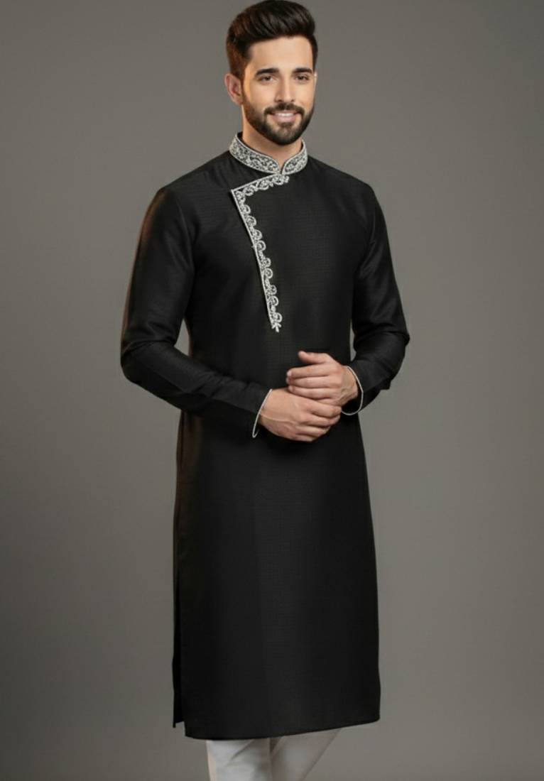 Black dupion silk embroidered kurta