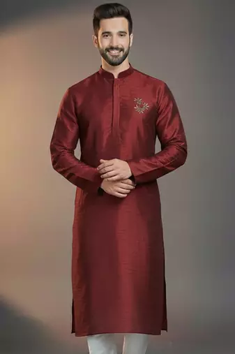 Maroon dupion silk embroidered kurta