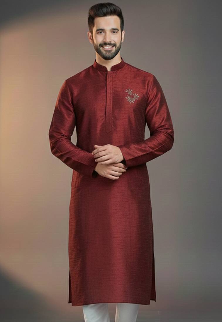 Maroon dupion silk embroidered kurta