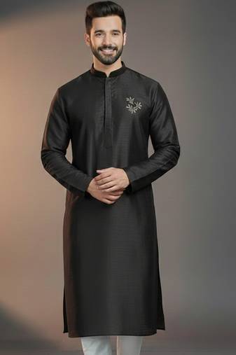 Black dupion silk embroidered kurta