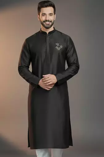 Black dupion silk embroidered kurta