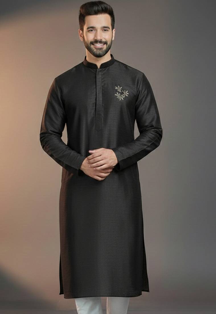 Black dupion silk embroidered kurta