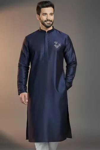 Navy dupion silk embroidered kurta