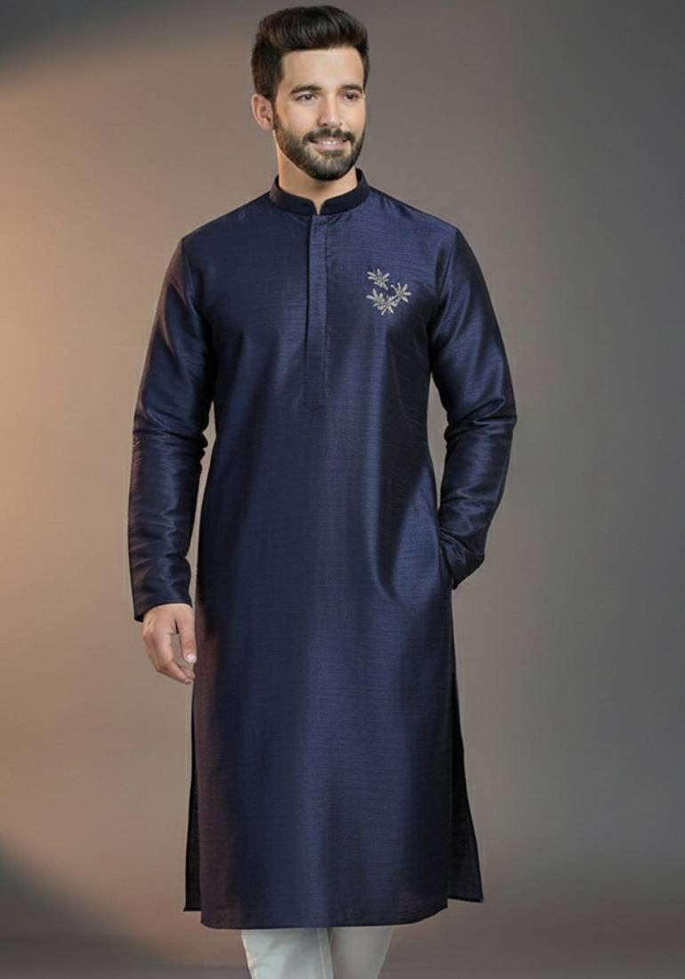 Navy dupion silk embroidered kurta